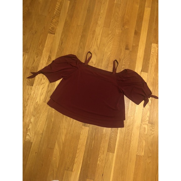 Maroon burgundy Off Shoulder Top Large Poof Tie Sleeves Boho Cottage holiday - Picture 13 of 13